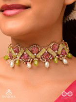 Manimekhala-Bejewelled Girdle-Choker adorned with pink and gold gemstones, beads and delicate pearl drops.