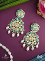 Vaidurya-Emerald Blossom- Firozi-colored glass stones earrings paired with golden and white accents, beads, and danglers