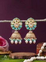 Sphārikā- Crystal Radiance-Jhumka earrings adorned with diamond shaped stones,beads and pearls of golden, white and turquoise accents