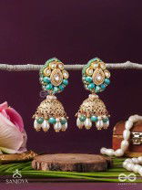 Sphārikā- Crystal Radiance-Jhumka earrings adorned with diamond shaped stones,beads and pearls of golden, white and turquoise accents