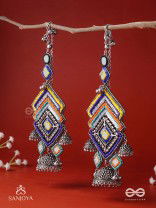 Pratibimbā-Reflective Jhumka-Brick stitch pattern earrings with geometric mirror inlays, thread work and jhumkas.