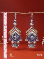 Pratibimbā-Reflective Jhumka-Brick stitch pattern earrings with geometric mirror inlays, thread work and jhumkas.