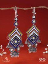 Pratibimbā-Reflective Jhumka-Brick stitch pattern earrings with geometric mirror inlays, thread work and jhumkas.