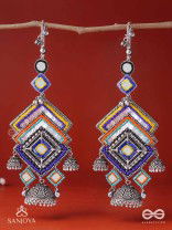 Pratibimbā-Reflective Jhumka-Brick stitch pattern earrings with geometric mirror inlays, thread work and jhumkas.