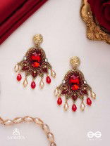 RAKTAVARNA-RED HUE HAND-EMBROIDERED EARRINGS IN RED AND GOLD TONES, FEATURING STONES, GLASS BEADS, AND INTRICATE RESHAM THREAD WORK