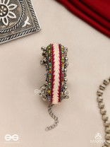 SHAKHAABANDHA- BRANCH BIND- OXIDIZED HAND EMBROIDERED BRACELET, THREAD WORK ACCENTED WITH GHUNGROO AND BEADS