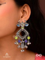 NANDI MANIKARNA- NANDI STONE EARRINGS-OXIDIZED EARRINGS FEATURING A BULL FACE, ADORNED WITH STONES AND GHUNGHROOS