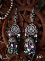 RATNA TILAKA-JEWEL ADORNMENT- EARRINGS ENAMELLED IN SHADES OF BLUE AND BLACK, ACCENTED WITH GHUNGROO BEADS AND OXIDIZED JHUMKI