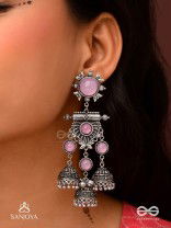 VIJAYAMUKTA-VICTORY PEARLS- REGAL OXIDIZED EARRINGS WITH A CENTRAL PURPLE STONE AND LAYERED JHUMKAS