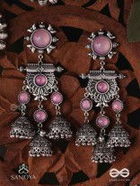 VIJAYAMUKTA-VICTORY PEARLS- REGAL OXIDIZED EARRINGS WITH A CENTRAL PURPLE STONE AND LAYERED JHUMKAS