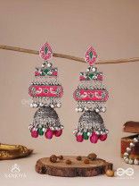 VAJRASHRINGARA-DIAMOND ADORNMENT-ENAMELLED OXIDISED MOTIFS SET ON SILVER METALWORK, EMBELLISHED WITH GLOSSY BEADS AND JHUMKAS