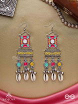 SINGHASANAMUKTA- THRONE GEM- OXIDIZED ENAMELLED EARRINGS IN MULTICOLOUR MOTIFS WITH GHUNGHROO'S AND COWRIE SHELLS