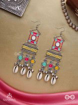 SINGHASANAMUKTA- THRONE GEM- OXIDIZED ENAMELLED EARRINGS IN MULTICOLOUR MOTIFS WITH GHUNGHROO'S AND COWRIE SHELLS