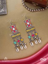SINGHASANAMUKTA- THRONE GEM- OXIDIZED ENAMELLED EARRINGS IN MULTICOLOUR MOTIFS WITH GHUNGHROO'S AND COWRIE SHELLS
