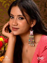 SINGHASANAMUKTA- THRONE GEM- OXIDIZED ENAMELLED EARRINGS IN MULTICOLOUR MOTIFS WITH GHUNGHROO'S AND COWRIE SHELLS