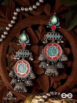  ADITYARATNA-SUN GEM- RADIANT EARRINGS WITH DETAILED METALWORK SET IN PASTEL TONE FEATURING STONE AND JHUMKAS