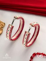 Vasantiruchi- Spring Charm- Embroidered earrings with red and white threads, decorated with beads and gold accents