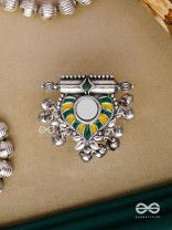 Moss Canopy-  Enamelled Oxidized Adjustable ring  with ghungroos and mirror.