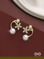 Golden crescent- Pearl studs' golden floral pattern 