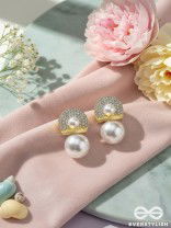 Crystal orbits-  crystal studded statement earrings with dropping pearls 