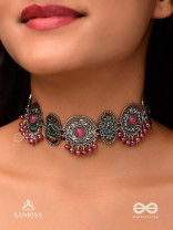 RAKTASHREE– RED ELEGANCE : OXIDIZED CHOKER WITH INTRICATE WORK AND BOLD RED ACCENTS, PERFECT FOR A TRADITIONAL LOOK