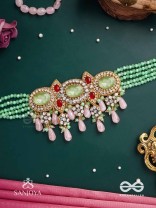 PANKHURI DHARA – SUHANA KHAN INSPIRED NECKPIECE FEATURING CASCADING PINK BEADS AND SPARKLING GEMSTONES