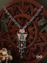 MAYURA MAALA- PECOCK NECKLACE: ENAMELLED OXIDISED NECKLACE WITH GHUNGROO AND BEADS