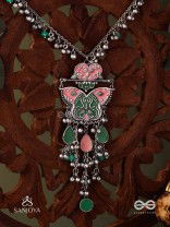 MAYURA MAALA- PECOCK NECKLACE: ENAMELLED OXIDISED NECKLACE WITH GHUNGROO AND BEADS