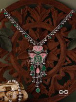 MAYURA MAALA- PECOCK NECKLACE: ENAMELLED OXIDISED NECKLACE WITH GHUNGROO AND BEADS