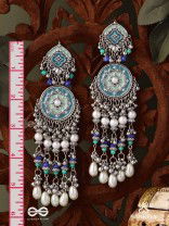 NEELKAMALA – BLUE LOTUS OXIDIZED EARRINGS WITH BLUE BEADS AND INTRICATE WORK, ADORNED WITH PEARLS & GHUNGROO'S