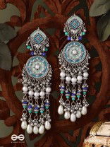 NEELKAMALA – BLUE LOTUS OXIDIZED EARRINGS WITH BLUE BEADS AND INTRICATE WORK, ADORNED WITH PEARLS & GHUNGROO'S