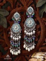 NEELKAMALA – BLUE LOTUS OXIDIZED EARRINGS WITH BLUE BEADS AND INTRICATE WORK, ADORNED WITH PEARLS & GHUNGROO'S