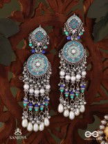 NEELKAMALA – BLUE LOTUS OXIDIZED EARRINGS WITH BLUE BEADS AND INTRICATE WORK, ADORNED WITH PEARLS & GHUNGROO'S