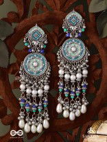 NEELKAMALA – BLUE LOTUS OXIDIZED EARRINGS WITH BLUE BEADS AND INTRICATE WORK, ADORNED WITH PEARLS & GHUNGROO'S