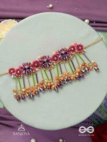 VARNAMALA ABHUSHANA - ADORNMENT OF COLORS - FLORAL MOTIFS, BEADWORK, GLASS DROPS WITH GOLDEN DETAILING CHOKER NECKPIECE