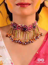 VARNAMALA ABHUSHANA - ADORNMENT OF COLORS - FLORAL MOTIFS, BEADWORK, GLASS DROPS WITH GOLDEN DETAILING CHOKER NECKPIECE