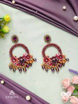VARNAMALA ABHUSHANA - ADORNMENT OF COLORS - FLORAL MOTIFS, GLASSDROPS AND STONES HAND EMBROIDERED EARRINGS