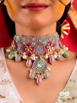 RANGOLIKA - A CANVAS OF COLORS - ENAMEL FLORALS, PEARLS AND BEADS HAND EMBROIDERD CHOKER NECKLACE