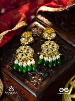 PARNAPRIYA - LOVER OF LEAVES - FLORAL KUNDAN DESIGN WITH GREEN BEADS AND PEARL DROPS  HAND EMBROIDERD EARRINGS 