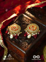 KUSUMAVALI - ROW OF FLOWERS - STONES, PEARLS AND RED BEADS KUNDAN HAND EMBROIDERED EARRINGS
