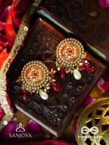 KUSUMAVALI - ROW OF FLOWERS - STONES, PEARLS AND RED BEADS KUNDAN HAND EMBROIDERED EARRINGS