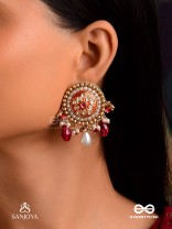 KUSUMAVALI - ROW OF FLOWERS - STONES, PEARLS AND RED BEADS KUNDAN HAND EMBROIDERED EARRINGS