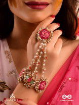 GULRATNA - JEWEL OF ROSES - HANDCRAFTED ROSE HAATHPHOOL WITH BEADED FRINGES, PEARLS AND GEM DETAILS