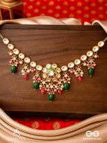KIRANMALA – GARLAND OF RAYS- EXQUISITE ENAMELLED KUNDAN NECKLACE WITH MULTICOLORED DROPS AND PEARLS