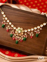 KIRANMALA – GARLAND OF RAYS- EXQUISITE ENAMELLED KUNDAN NECKLACE WITH MULTICOLORED DROPS AND PEARLS