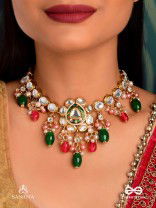 KIRANMALA – GARLAND OF RAYS- EXQUISITE ENAMELLED KUNDAN NECKLACE WITH MULTICOLORED DROPS AND PEARLS