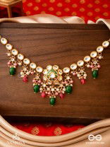 KIRANMALA – GARLAND OF RAYS- EXQUISITE ENAMELLED KUNDAN NECKLACE WITH MULTICOLORED DROPS AND PEARLS