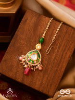 KIRANMALA – GARLAND OF RAYS- EXQUISITE ENAMELLED KUNDAN MAANGTIKA WITH MULTICOLORED DROPS AND PEARLS