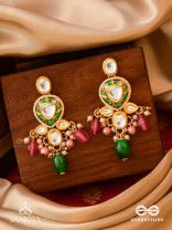 KIRANMALA – GARLAND OF RAYS- EXQUISITE ENAMELLED KUNDAN EARRINGS WITH MULTICOLORED DROPS AND PEARLS