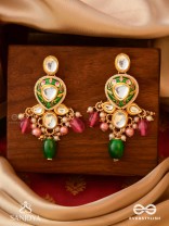 KIRANMALA – GARLAND OF RAYS- EXQUISITE ENAMELLED KUNDAN EARRINGS WITH MULTICOLORED DROPS AND PEARLS